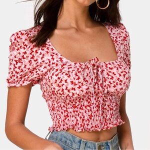 MOTEL Raquel Crop Top Ditsy Butterfly Red Print Women’s Sz XS GUC